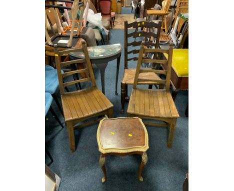 A painted half moon table together with a small walnut table, oak ladder back chair &amp; oak wicker seat stool, pair of oak 