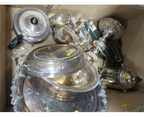 A box of silver plated ware, to include a Royles patent self pouring teapot