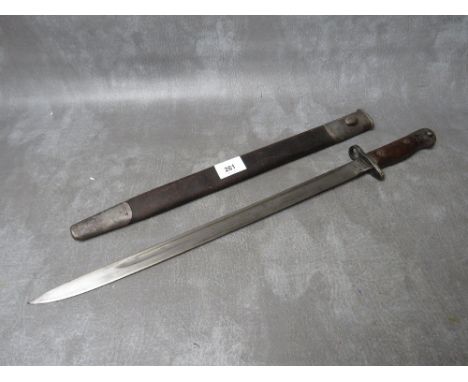 A BRITISH 1907 PATTERN BAYONET, with issue mark 3 18, with plain wooden grip, makers mark for Wilkinson, in scabbard