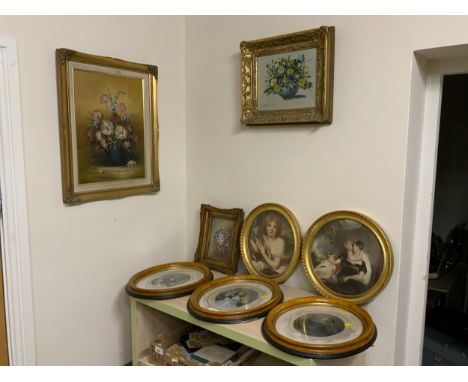 A collection of assorted pictures and prints to include portrait engravings, floral oil on canvases, etc   (8)
