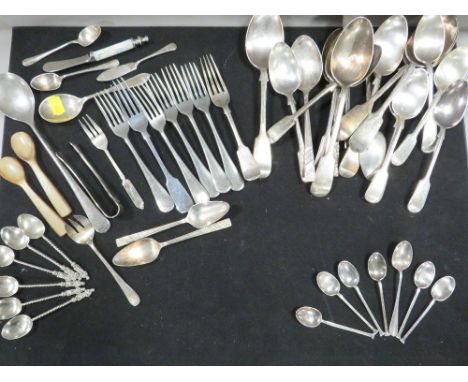 A set of six seal top hallmarked silver coffee spoons together with a quantity of silver plated flatware 
