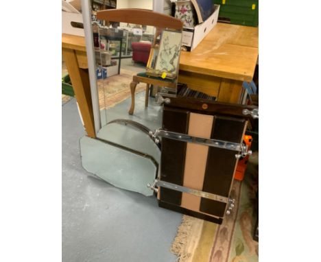 A collection of assorted mirrors to include Deco examples together with a vintage trouser press 