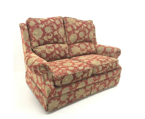 Rutland two seat sofa upholstered in a red ground fabric with floral pattern, W144cm - Condition Report 