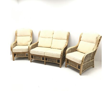 Two seat cane and bamboo conservatory sofa, cushions upholstered in pale gold (W122cm) and pair matching armchairs (W67cm) - 