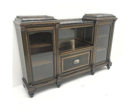 Late Victorian ebonised and amboyna veneered credenza/side cabinet, brass gallery, central mirror above single cupboard with 