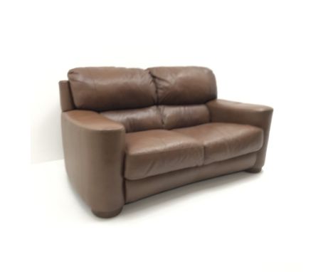 Two seat chocolate faux leather sofa, turned supports, W180cm - Condition Report 