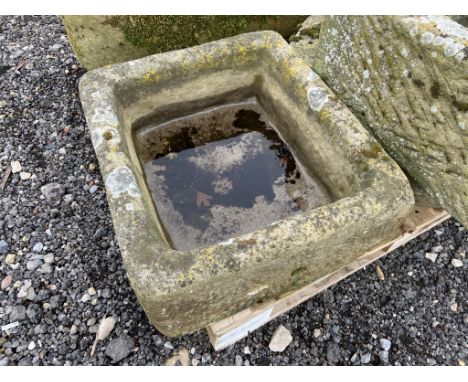 Small 19th century square stone trough, W45cm, D50cm, H21cm - Condition Report 