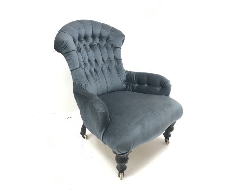 Victorian spoon back armchair upholstered in a deep buttoned blue fabric, turned supports, W72cm - Condition Report 