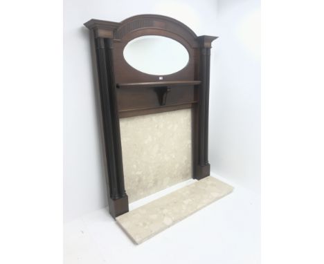 Early 20th century inlaid mahogany surround, arched cresting rail, bevel edge oval mirror, marble back and side, W148cm, H193