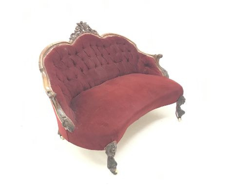 Victorian mahogany framed sofa, arched back with floral carved cresting rail, scrolling arms, acanthus carved cabriole feet, 