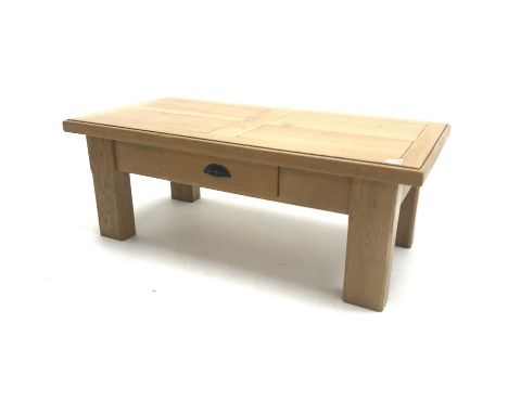 Light oak coffee table, single drawer, square supports, W120cm, H45cm, D60cm - Condition Report 