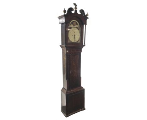 19th century oak and mahogany longcase clock, hood with scrolled pediment over stepped arch glazed door, fluted column pilast