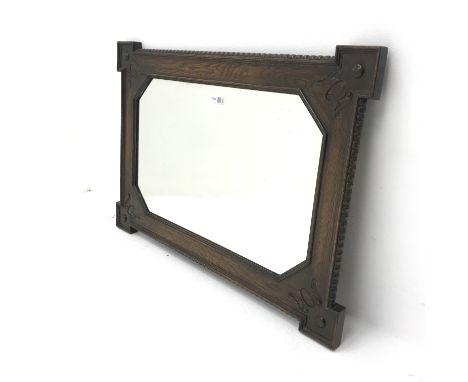 1930s oak framed bevel edge wall mirror, W84cm, H59cm - Condition Report 