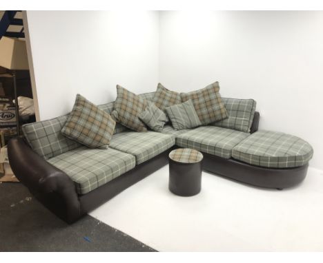 Tetrad corner sofa upholstered in leather and chequered fabric (W272cm &amp; 246cm) with matching foot stool - Condition Repo