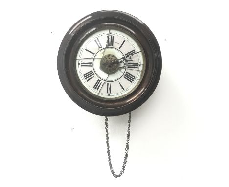 Early 20th century Postman�s alarm clock, circular beech frame dial, D28cm (no weight or pendulum) - Condition Report 