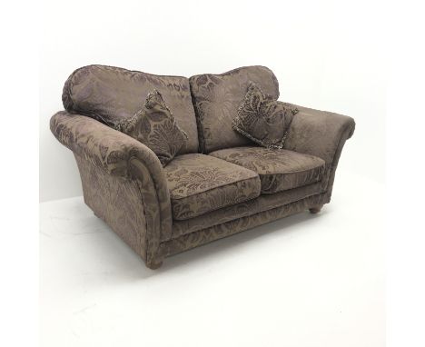 Two seat sofa upholstered in aubergine embossed fabric, turned supports, W190cm - Condition Report 