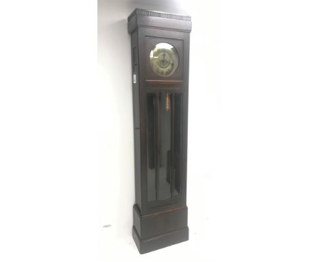 Early 20th century oak longcase clock, eight day movement striking on a coil, circular Arabic dial with embossed decoration, 