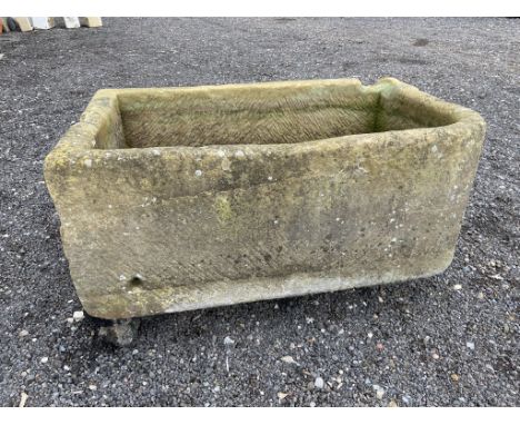 Large 19th century rectangular stone trough with curved corner, W114cm, D74cm, H46cm - Condition Report 