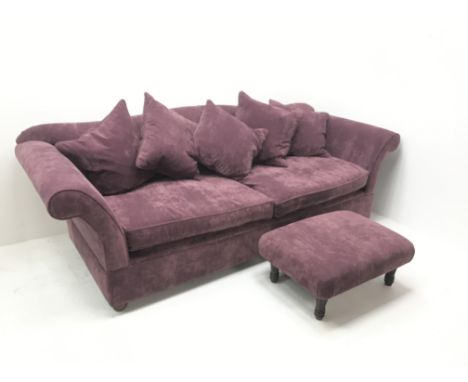 Grande four seat sofa upholstered in purple Harlequin fabric, scrolling arms, shaped back with scatter cushions (W245cm) and 