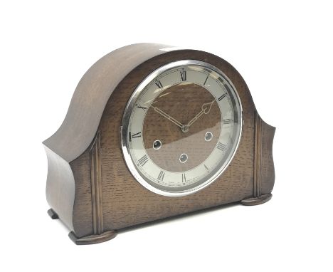 Early to mid 20th century oak cased mantel clock by 'Smiths', silvered Roman chapter ring, triple train driven movement chimi
