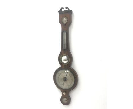 19th century rosewood five dial banjo barometer, silvered circular engraved dial, with painted detail, H96cm - Condition Repo