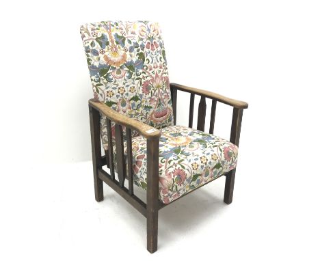 Vintage oak framed reclining armchair, upholstered in a floral patterned fabric, square supports, W60cm - Condition Report 