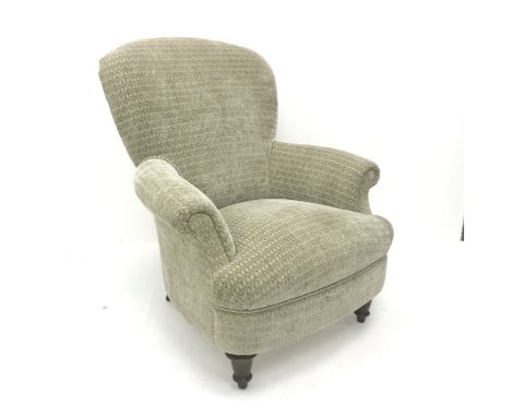 Victorian style spoon back armchair, upholstered in a beige fabric, turned supports, W82cm - Condition Report 