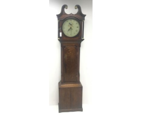 Late 18th century oak and mahogany banded longcase clock, swan neck pediment above hood with turned column pilasters,  circul