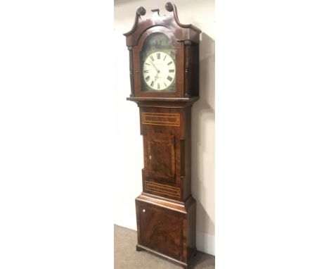 Victorian inlaid mahogany longcase clock, the hood with swan neck pediment and turned pilasters, Roman dial painted with coun