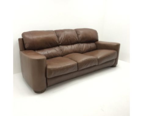 Three seat chocolate faux leather sofa, turned supports, W240cm - Condition Report 