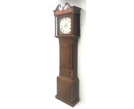 19th century oak and mahogany banded longcase clock, the hood with swan neck pediment, painted square Roman dial with floral 