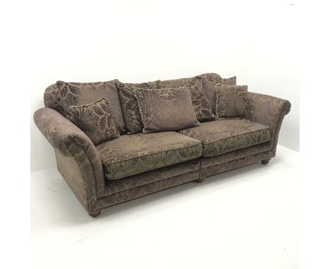 Grande three seat, two section sofa upholstered in aubergine embossed fabric, turned supports, W240cm - Condition Report 