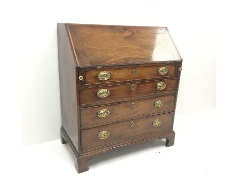 19th century mahogany bureau, fall front enclosing fitted interior, four drawers, shaped bracket supports, W96cm, H109cm, D52