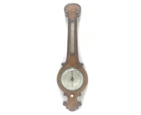 Victorian figured walnut mercury barometer, with mercury thermometer and circular engraved silvered dial, with rounded edge m