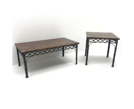 Laura Ashley rectangular hard wood coffee table, wrought metal supports (W110cm, H46cm, D61cm) and matching lamp table (W60cm