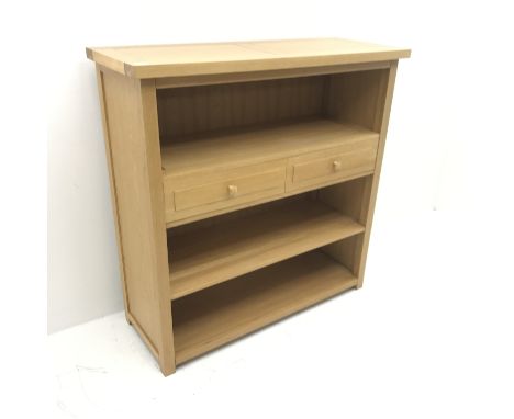 Light oak open bookcase storage unit, two shelves, two drawers, stile supports, W126cm, H128cm, D48cm - Condition Report 