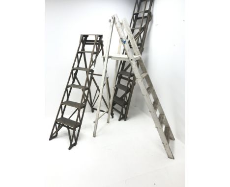 Three folding vintage wooden step ladders (L230cm max) - Condition Report 