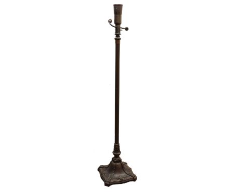 French Art Deco bronzed metal three light standard lamp, fluted column on square leaf cast reeded tapering base, H164cm  - Co