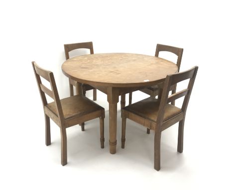 Oak handmade circular table, adzed top, four turned supports (D15cm, H76cm) and set four oak ladder back chairs, leather stud