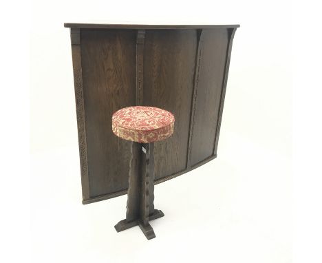 Vintage shaped oak bar, panelled front with single fall front unit above two cupboards flanked by four shelves (W127cm, H107c