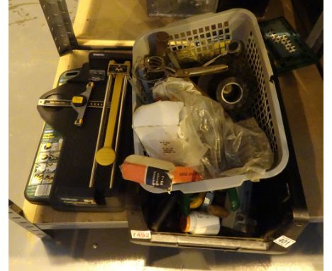 Two boxes of mixed tools and a tile cutter
