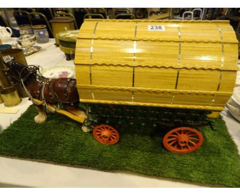 Ceramic carthorse with wooden gypsy caravan
