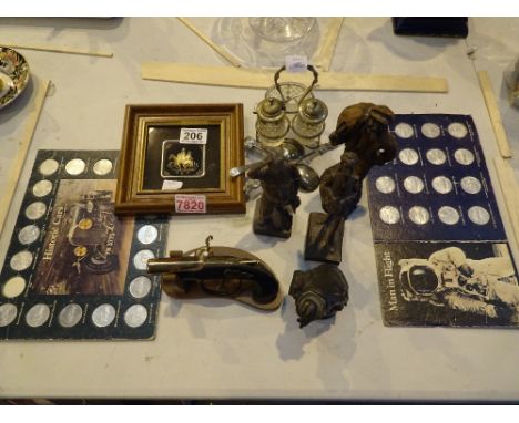 Selection of mixed collectables including cruet set historic cans and man in flight tokens cigerette lighter in shape of flin