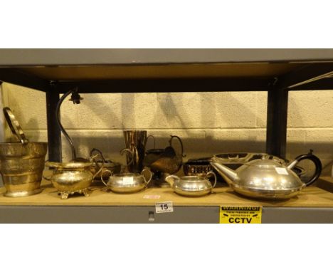 Selection of metal ware including teapot silver plate chrome table lamp etc