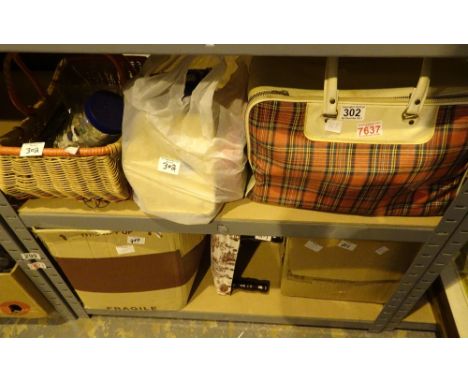 Vintage picnic set in carry case tins flask plates etc also wicker basket and selection of tins