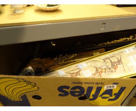 Box of wooden items including a tapestry hanger
