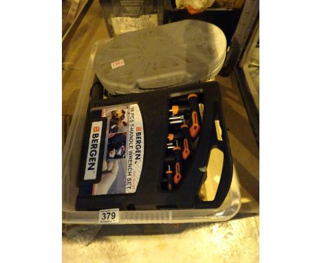 Box of mixed tools including Bergen T handle wrench set