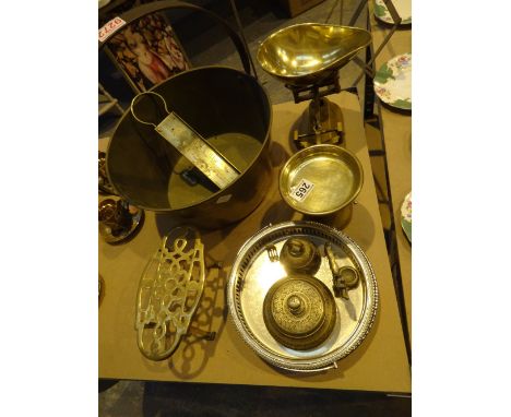 Collection of brass and plated items including scales