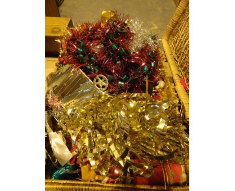 Hamper of vintage Christmas decorations including glass baubles