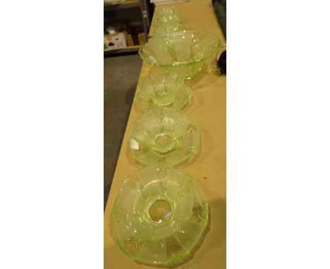 Vintage green cut glass fruit set